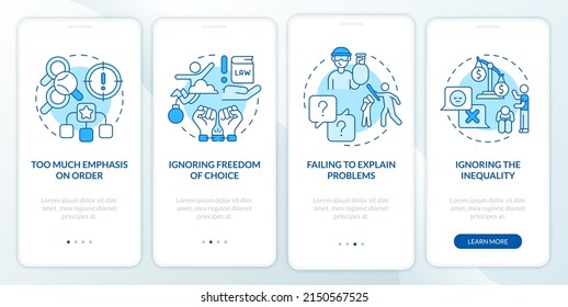 Social institutions disadvantages blue onboarding mobile app screen. Walkthrough 4 steps graphic instructions pages with linear concepts. UI, UX, GUI template. Myriad Pro-Bold, Regular fonts used