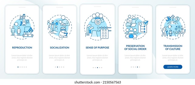 Social institutions functions blue onboarding mobile app screen. Walkthrough 5 steps graphic instructions pages with linear concepts. UI, UX, GUI template. Myriad Pro-Bold, Regular fonts used