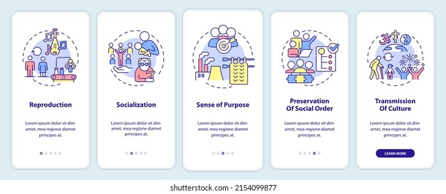 Social institutions functions onboarding mobile app screen. Walkthrough 5 steps graphic instructions pages with linear concepts. UI, UX, GUI template. Myriad Pro-Bold, Regular fonts used