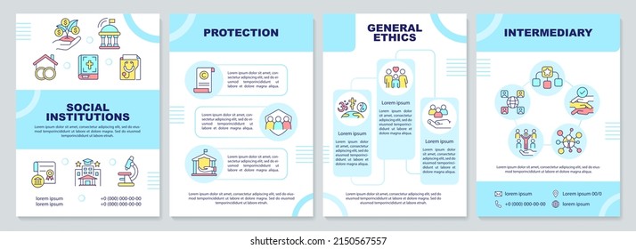 Social institutions importance brochure template. General ethics. Leaflet design with linear icons. 4 vector layouts for presentation, annual reports. Arial-Black, Myriad Pro-Regular fonts used