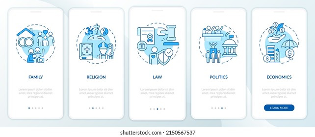 Social institutions list blue onboarding mobile app screen. Walkthrough 5 steps graphic instructions pages with linear concepts. UI, UX, GUI template. Myriad Pro-Bold, Regular fonts used