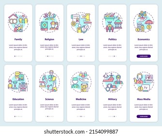 Social institutions onboarding mobile app screen set. Walkthrough 5 steps graphic instructions pages with linear concepts. UI, UX, GUI template. Myriad Pro-Bold, Regular fonts used