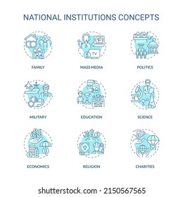 Social institutions turquoise concept icons set. Norms and values. Social organizations idea thin line color illustrations. Isolated symbols. Editable stroke. Roboto-Medium, Myriad Pro-Bold fonts used