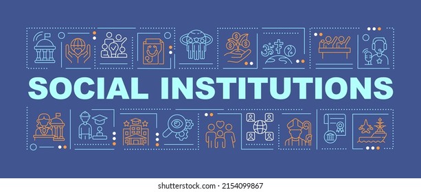 Social institutions word concepts dark blue banner. Set of norms. Infographics with icons on color background. Isolated typography. Vector illustration with text. Arial-Black font used
