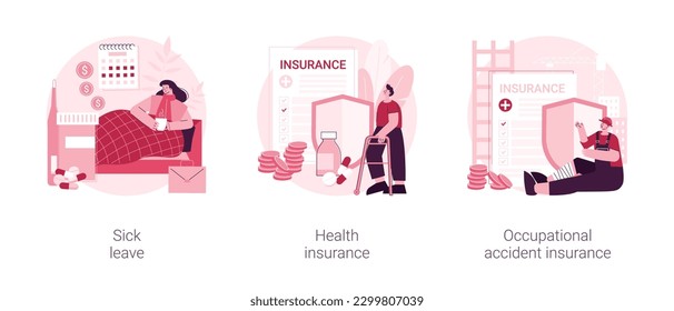 Conjunto de ilustraciones vectoriales del concepto abstracto de la seguridad social. Licencia por enfermedad, seguro de salud, cobertura de accidentes laborales, accidente laboral, días pagados, gastos médicos, metáfora abstracta de la sanidad.