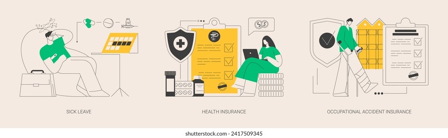 Social insurance abstract concept vector illustration set. Sick leave, health insurance, occupational accident coverage, industrial accident, paid days, medical expenses, healthcare abstract metaphor.