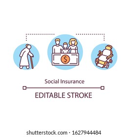Social insurance concept icon. Retirement plan. Senior person. Disability risk. Children support. Family policy idea thin line illustration. Vector isolated outline RGB color drawing. Editable stroke
