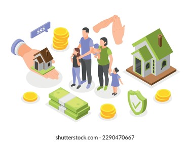 Social insurance family home protection isometric composition vector illustration