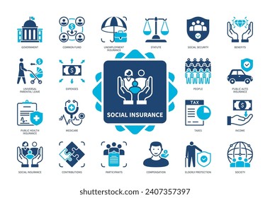 Juego de iconos de la Seguridad Social. Gobierno, Licencia parental universal, Fondo Común, Cuotas, Seguridad Social, Seguro de desempleo, Prestaciones, Indemnización. Iconos sólidos de color Duotone