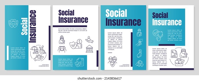 Social insurance program blue brochure template. Financial coverage. Leaflet design with linear icons. 4 vector layouts for presentation, annual reports. Anton, Lato-Regular fonts used