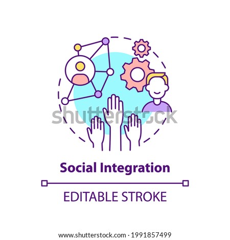 Social integration concept icon. Worker adaptation elements. Societal relations idea thin line illustration. Process of newcomers included. Vector isolated outline RGB color drawing. Editable stroke