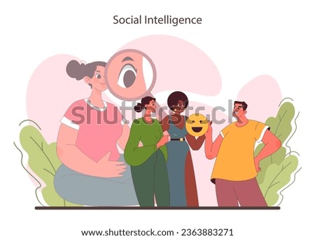 Social intelligence. Ability to understand and manage interpersonal relationship. Empathy and emotional support. Social interaction, friendship building. Flat vector illustration