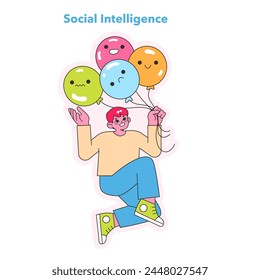 Social Intelligence concept. Joyful individual with emotive balloons, capturing diverse social cues and interactions. Emotional acuity in a social context. Vector illustration.
