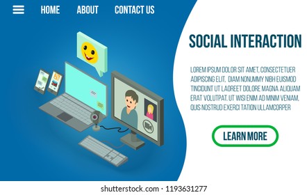 Social interaction concept banner. Isometric banner of social interaction vector concept for web, giftcard and postcard