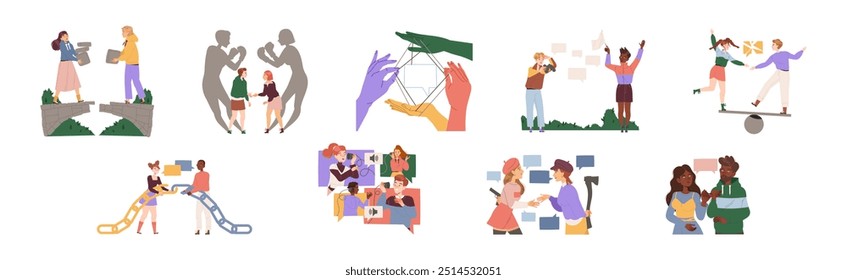 Social Interaction with Man and Woman Character Contact with Each Other Vector Set