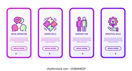 Social interaction of people with autism: communication, leisure skills, community use, conceptual skills. Thin line icons in mobile user interface. Modern vector illustration for medical app.