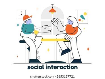 Ilustração do vetor da interação social Apresentando a comunicação social móvel com conversas amigáveis e o engajamento do público em um fundo