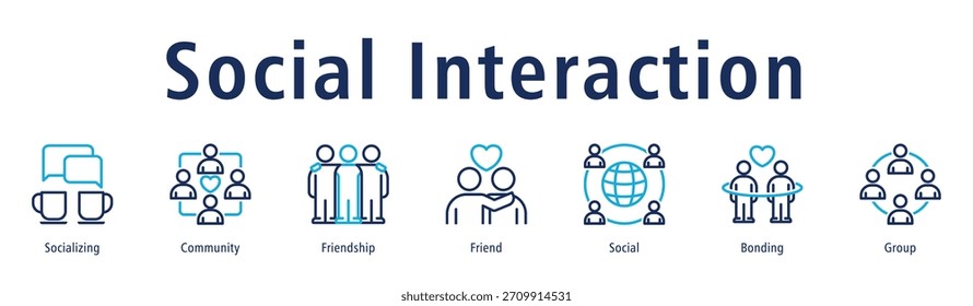 Social Interaction Web-Banner Symbol Vektorgrafik-Konzept mit Symbol der Sozialisierung, Gemeinschaft, Freundschaft, Freund, sozial, Bindung, und Gruppe.