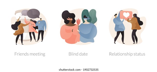 Social interactions abstract concept vector illustration set. Friends meeting, blind date, relationship status, leisure time, speed dating, first impression, soul mate, together abstract metaphor.