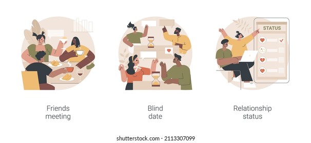 Social interactions abstract concept vector illustration set. Friends meeting, blind date, relationship status, leisure time, speed dating, first impression, soul mate, together abstract metaphor.