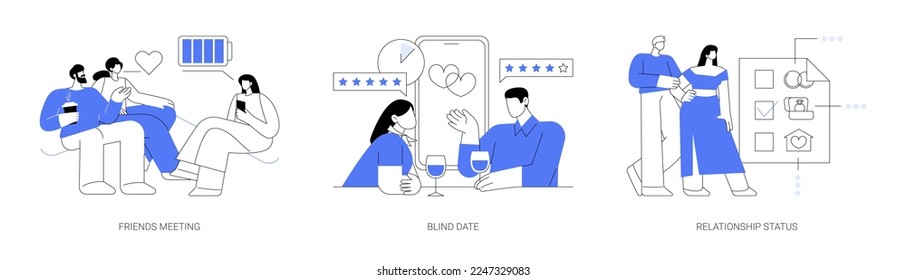 Social interactions abstract concept vector illustration set. Friends meeting, blind date, relationship status, leisure time, speed dating, first impression, soul mate, together abstract metaphor.