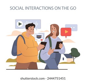 Social Interactions on the Go concept. Youth sharing content and connecting digitally while enjoying outdoor city life. Seamless social media engagement.