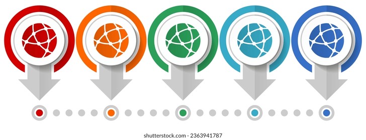 Social, Internet, comunicación, conjunto de iconos de vector de tecnología global, plantilla de infografía de diseño plano, establecer iconos de concepto de puntero en 5 opciones de color para diseño web y aplicaciones móviles