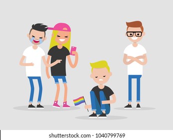 Social intolerance. Homophobia. Bullying. A group of young people mocking a black girl. Hate concept. Flat editable vector illustration, clip art