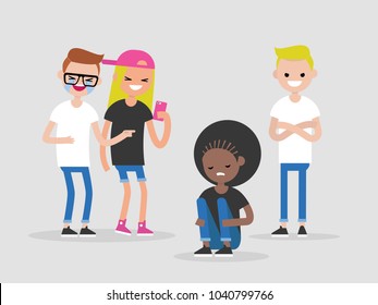 Social intolerance. Racism. Bullying. A group of young people mocking a black girl. Hate concept. Flat editable vector illustration, clip art