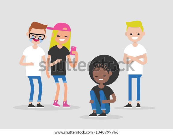 社会的不寛容 人種差別 いじめ 黒人の女の子をあざ笑う若者のグループ 憎しみのコンセプト フラットな編集可能なベクターイラスト クリップアート のベクター画像素材 ロイヤリティフリー