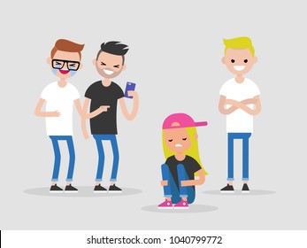 Social intolerance. Sexism. Bullying. A group of young male people mocking a girl. Hate concept. Flat editable vector illustration, clip art