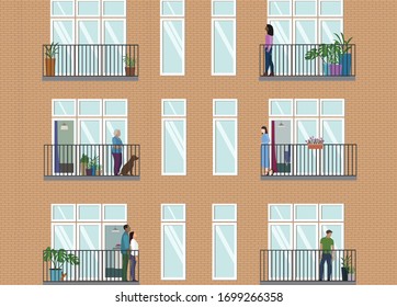 Social isolating at home. Social isolation apartment buildings. People staying at home and maintaining their distance.