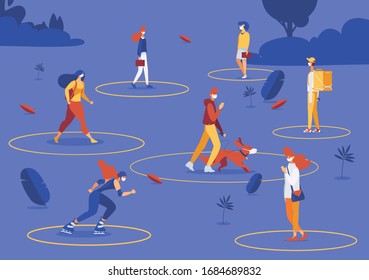 Social isolation because of coronavirus pandemic. People in park wearing protective masks. Distance circles good for health