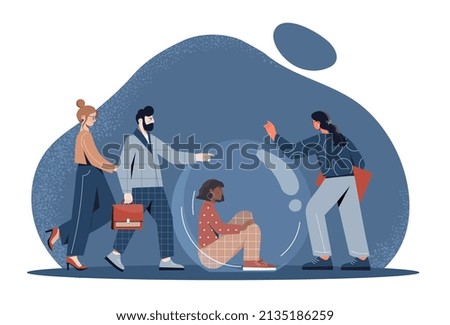 Social isolation concept. Girl in bubble, quarantine and coronavirus. Employees touch colleague in balloon. Mental problems and psychology, depression and sadness. Cartoon flat vector illustration