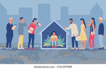 Social Isolation concept with person seeking refuge at home from lines of diverse people trying to their attention with megaphone and mobile devices, colored vector illustration