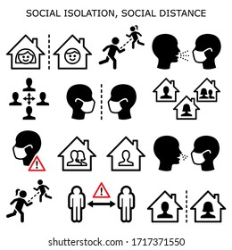 Social isolation, social distance, people on quarantine isolated at home during pandemic or epidemic vector icons set - flattering the curve concept. People self isolating, jogging 