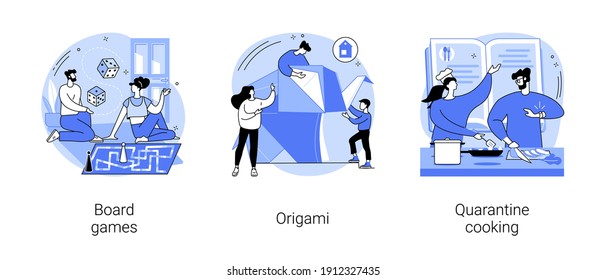 Social isolation free time abstract concept vector illustration set. Board games, origami, quarantine cooking family fun activity idea, family recipe, homemade food, stay at home abstract metaphor.