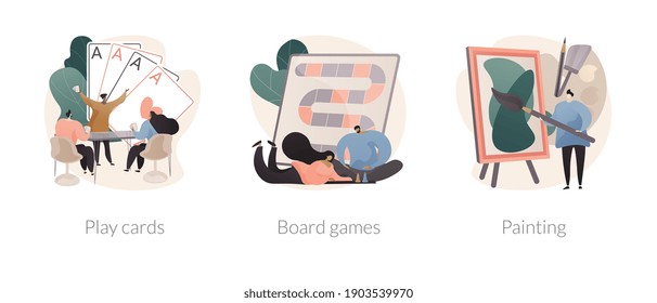 Social isolation free time spending abstract concept vector illustration set. Play cards, board games, painting, home sitting activities, family fun idea, painter online course abstract metaphor.