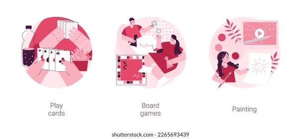 Social isolation free time spending abstract concept vector illustration set. Play cards, board games, painting, home sitting activities, family fun idea, painter online course abstract metaphor.