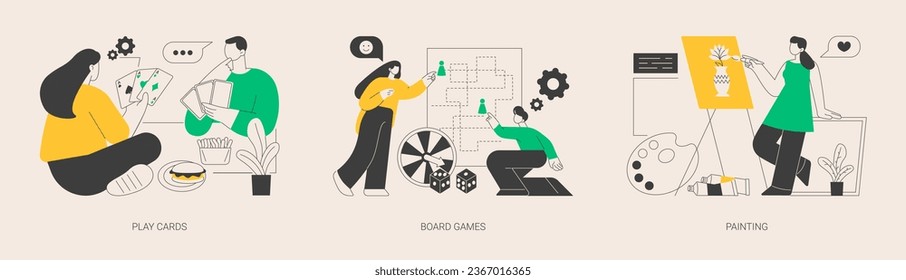 Social isolation free time spending abstract concept vector illustration set. Play cards, board games, painting, home sitting activities, family fun idea, painter online course abstract metaphor.