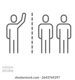 Estilo de contorno do ícone de isolamento social. Uma única pessoa separada por linhas pontilhadas de outras duas representando exclusão, distanciamento ou solidão. Ilustração de vetor de símbolo de linha fina. Traçado editável