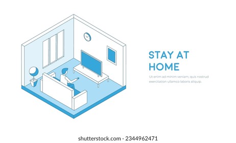 Social isolation isometric concept. Stay at home stroke illustration. 