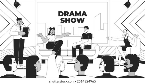 Social issue TV show black and white line illustration. Human drama reality television. Women participants yelling blaming 2D characters monochrome background. Broadcasting outline vector image