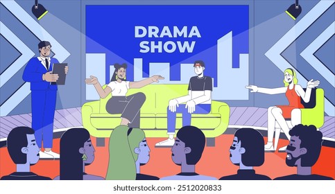 Social issue TV show flat illustration. Human drama reality television. Women participants yelling blaming 2D characters cartoon background. Broadcasting program scene vector storytelling image