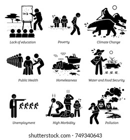 Social Issues And Critical Problems Pictogram Icons. Illustrations Depicts Lack Of Education, Poverty, Climate Change, Public Health, Water And Food Security, Jobless, High Morbidity, And Pollution. 