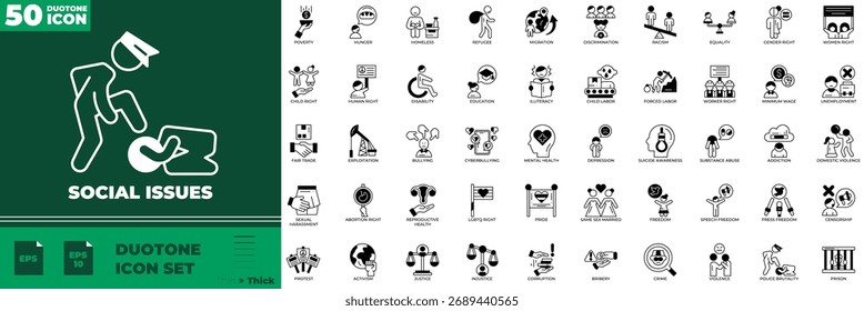 Conjunto de iconos editables de duotono de problemas sociales. Ilustración vectorial en el estilo moderno de duotono delgado de los íconos de asuntos sociales: tema, diversidad, igualdad, etc