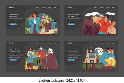 Social issues in focus set. Vivid portrayals of poverty, war's toll, hunger's reach, and job loss. Critical themes in a global context. Flat vector illustration.