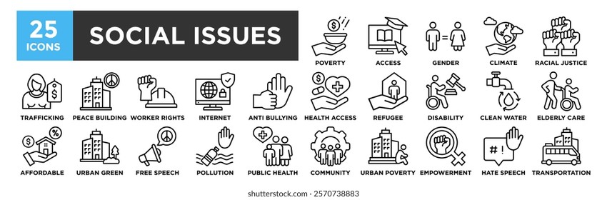 Social Issues icon collection set. Containing design Poverty, Education Access, Gender Equality, Climate Action, Racial Justice