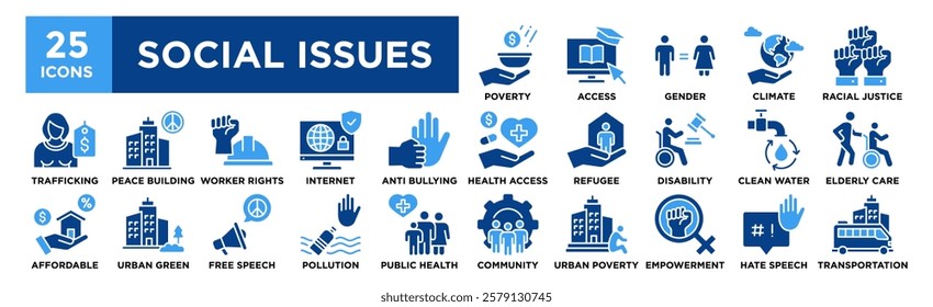 Social Issues icon collection set. Containing design Poverty, Education Access, Gender Equality, Climate Action, Racial Justice	