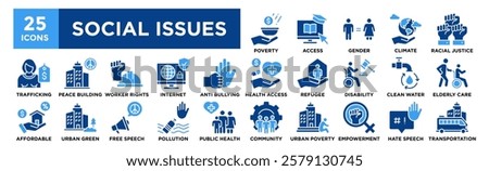 Social Issues icon collection set. Containing design Poverty, Education Access, Gender Equality, Climate Action, Racial Justice	